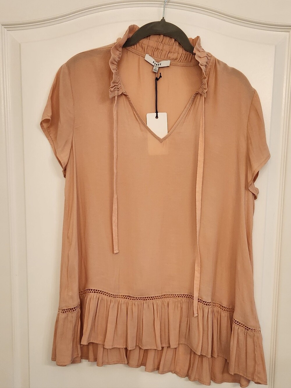 RO & DE Dusty Peach Ruffle Tie-Neck Blouse